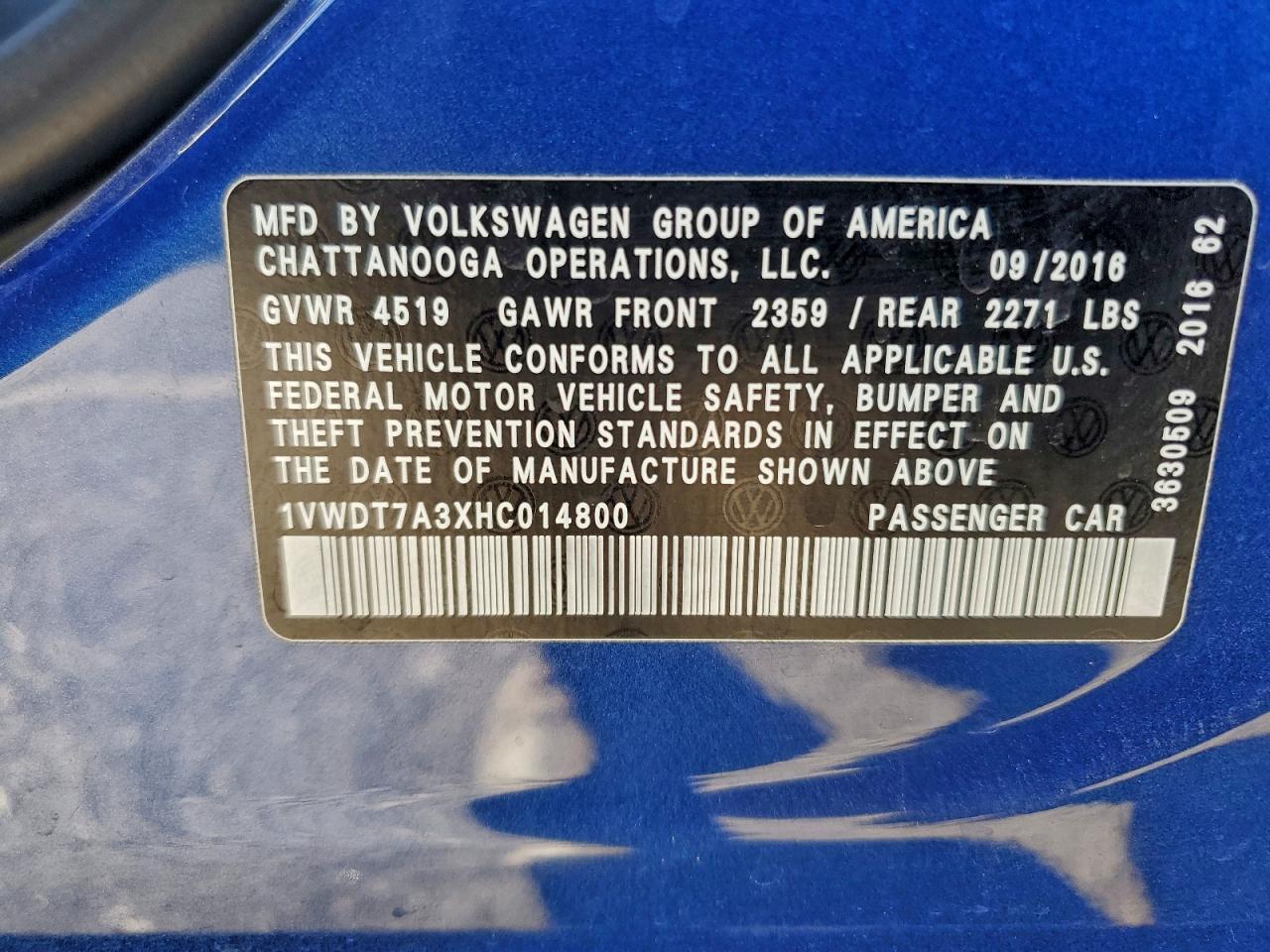 2017 Volkswagen Passat R-Line VIN: 1VWDT7A3XHC014800 Lot: 94300465