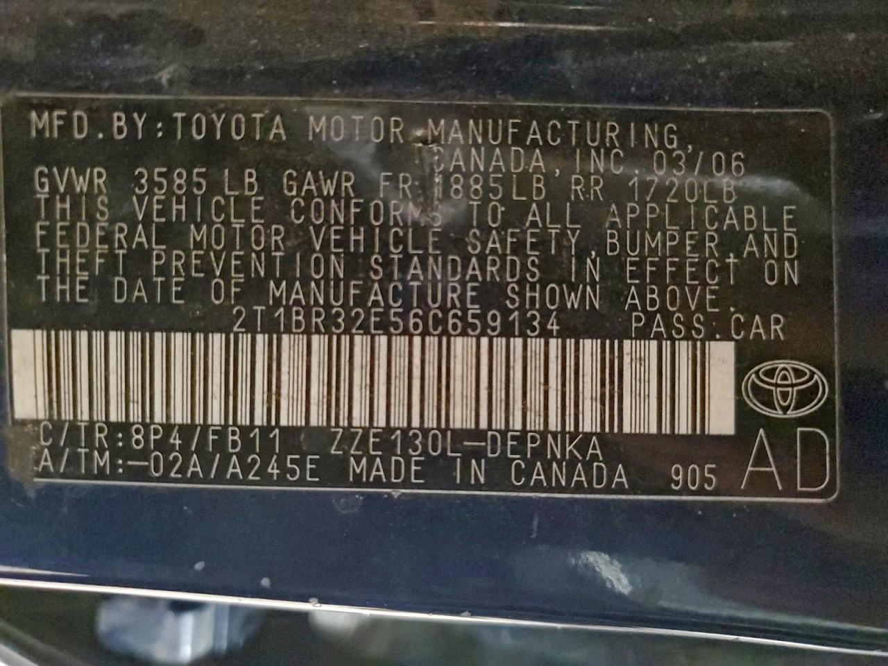 2006 Toyota Corolla Ce VIN: 2T1BR32E56C659134 Lot: 94075655