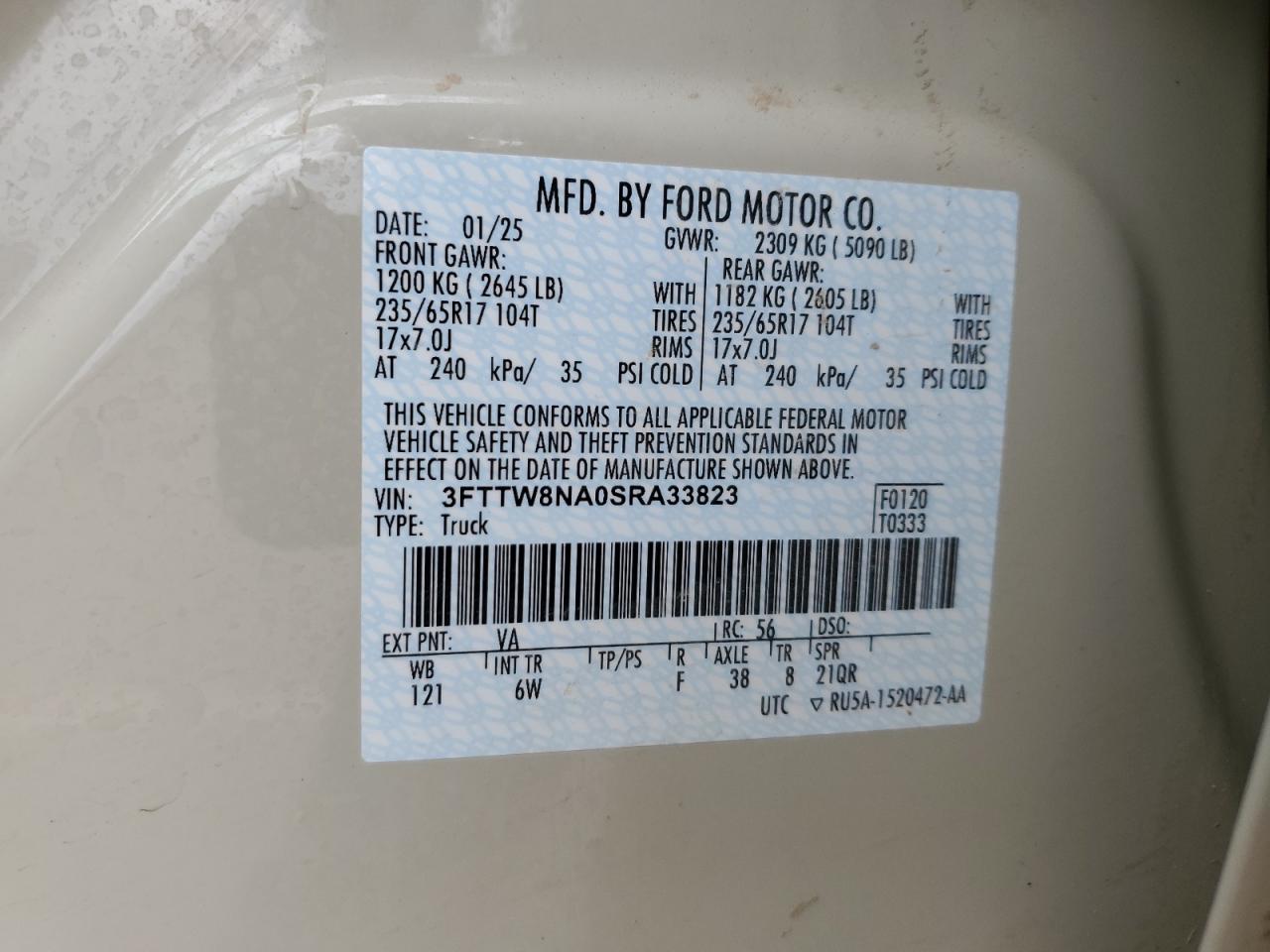 2025 Ford Maverick Tremor VIN: 3FTTW8NA0SRA33823 Lot: 93285265