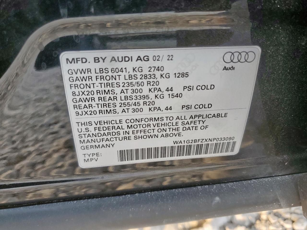 2022 Audi Q4 E-Tron Premium VIN: WA1G2BFZXNP033090 Lot: 93353765