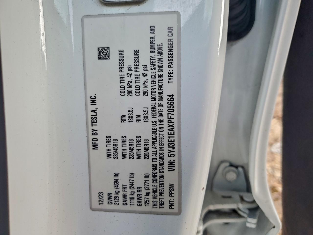 2023 Tesla Model 3 VIN: 5YJ3E1EAXPF705664 Lot: 93262885