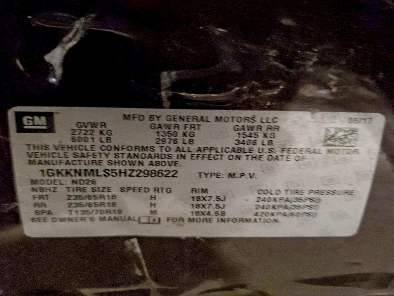 2017 GMC Acadia Slt-1 VIN: 1GKKNMLS5HZ298622 Lot: 94598555