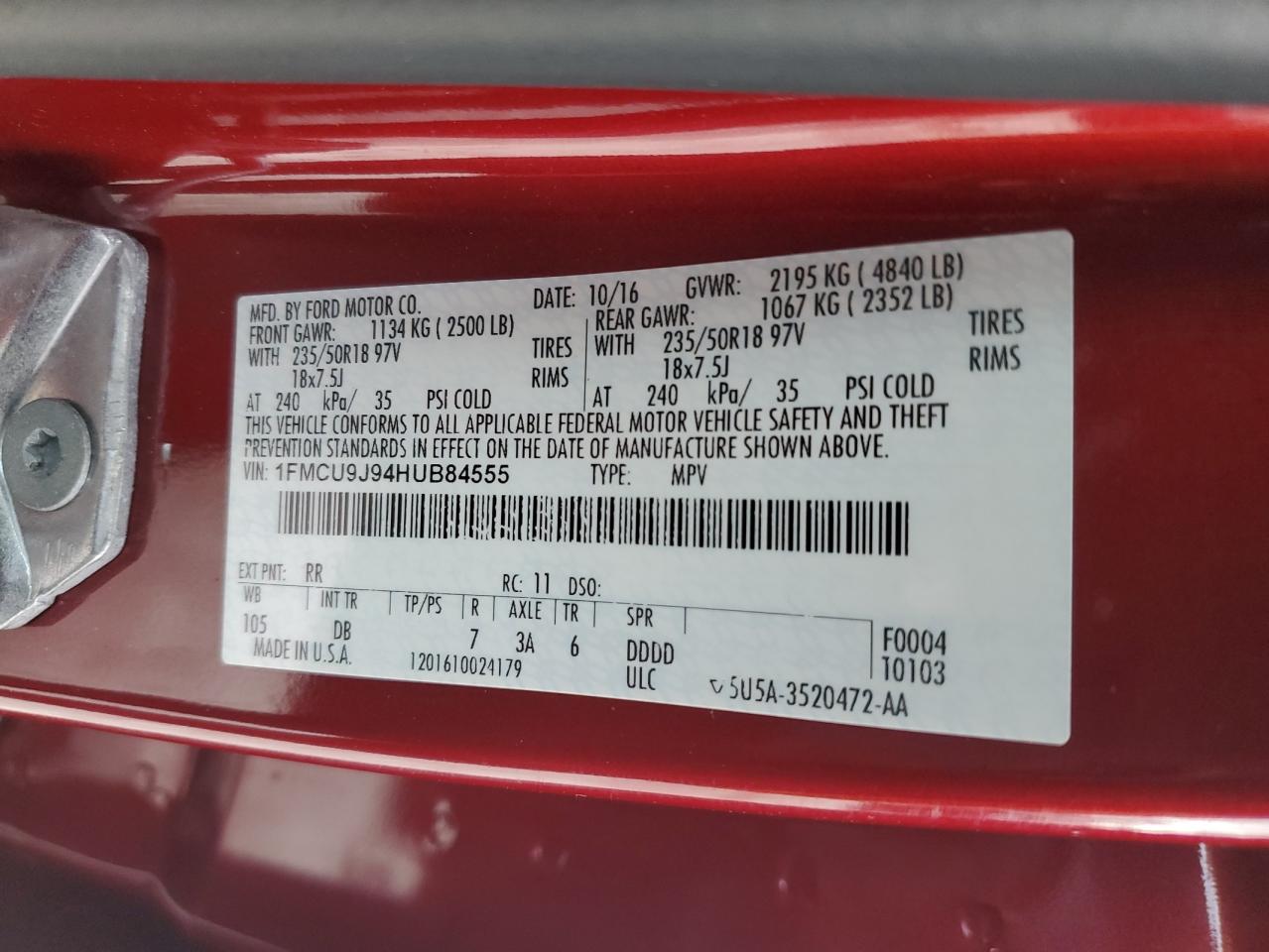 2017 Ford Escape Titanium VIN: 1FMCU9J94HUB84555 Lot: 92598585