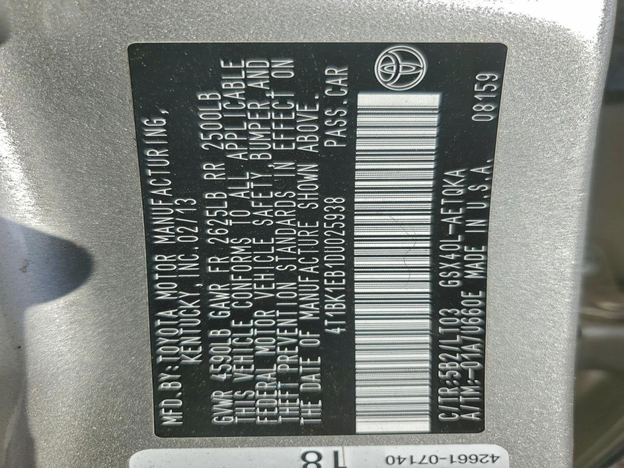 2013 Toyota Avalon Base VIN: 4T1BK1EB1DU025938 Lot: 93830125