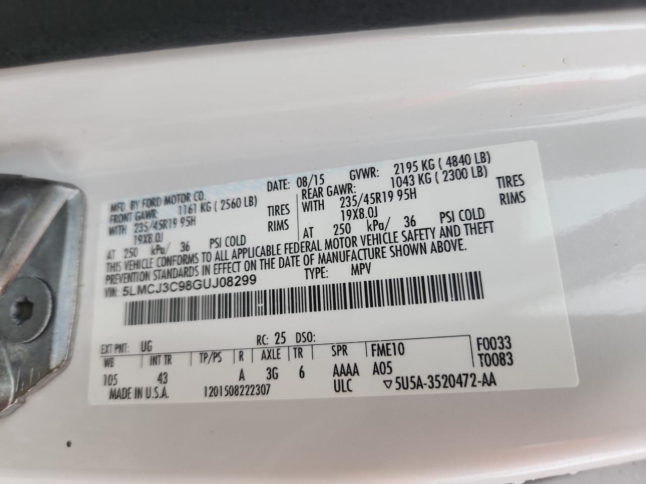 2016 Lincoln Mkc Reserve VIN: 5LMCJ3C98GUJ08299 Lot: 93259295