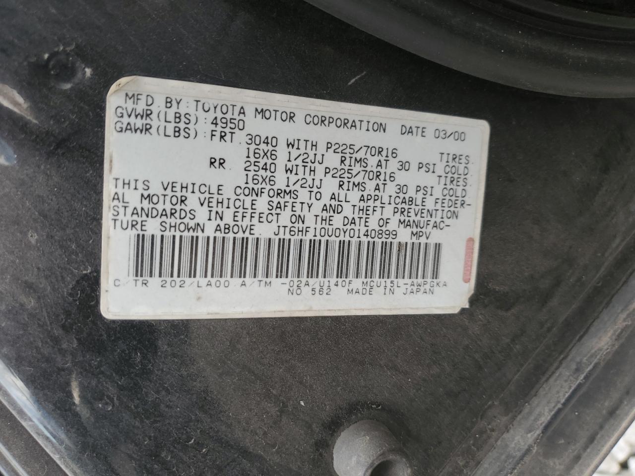 2000 Lexus Rx 300 VIN: JT6HF10U0Y0140899 Lot: 93316395