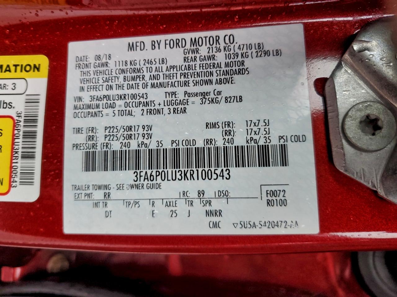 2019 Ford Fusion Se VIN: 3FA6P0LU3KR100543 Lot: 94351905