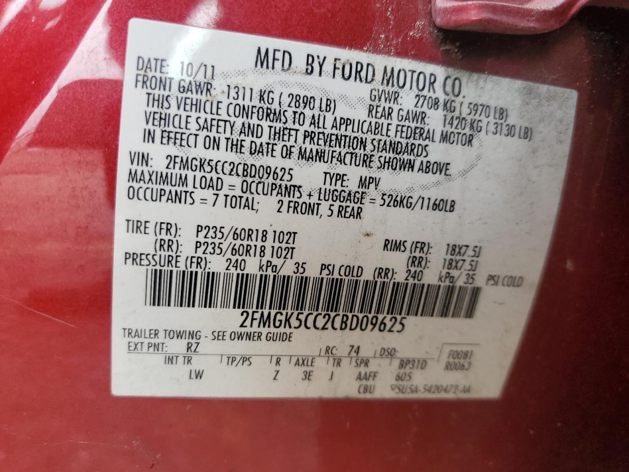 2012 Ford Flex Sel VIN: 2FMGK5CC2CBD09625 Lot: 93556035