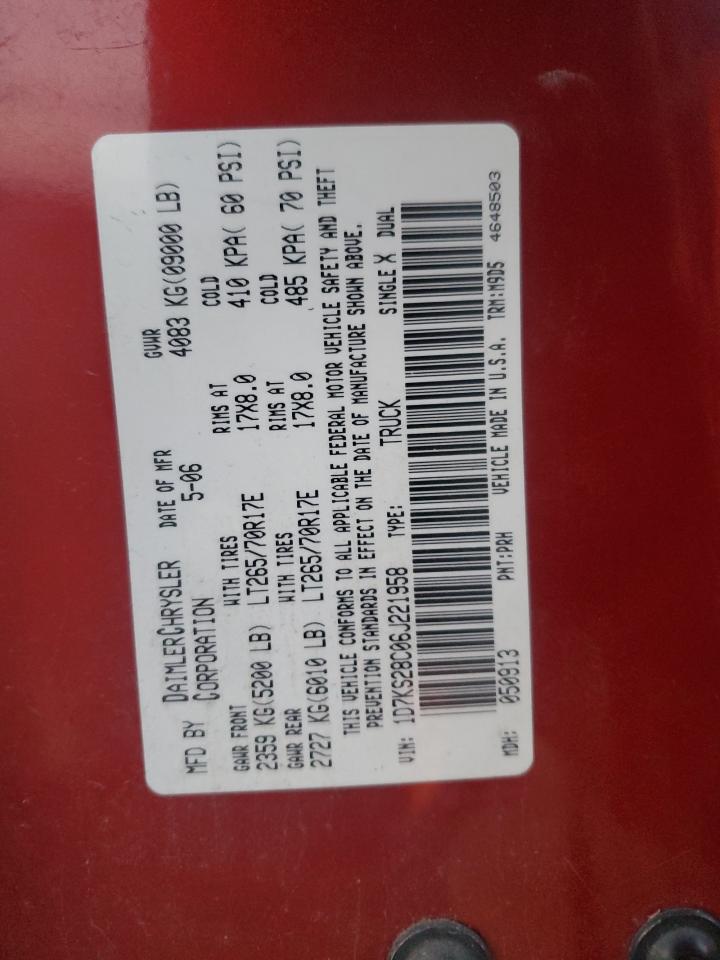 2006 Dodge Ram 2500 St VIN: 1D7KS28C06J221958 Lot: 92419145
