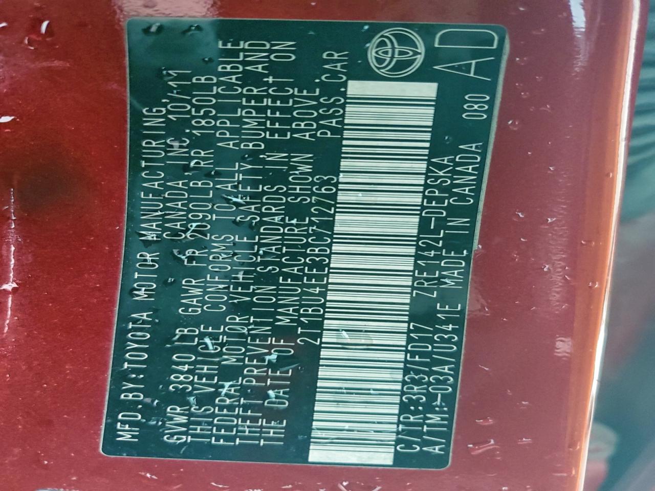 2011 Toyota Corolla Base VIN: 2T1BU4EE3BC712763 Lot: 94104235