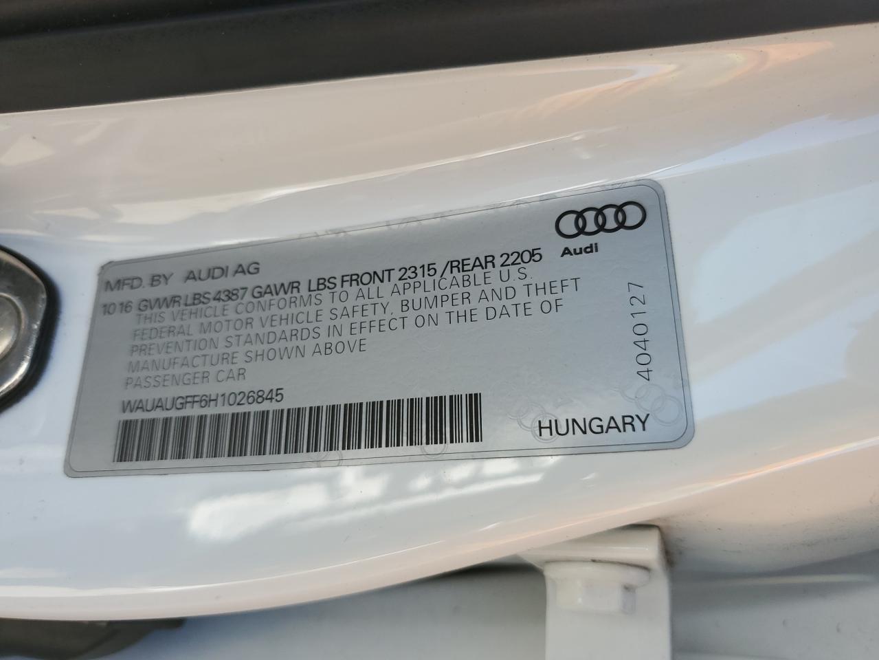 2017 Audi A3 Premium VIN: WAUAUGFF6H1026845 Lot: 91725845