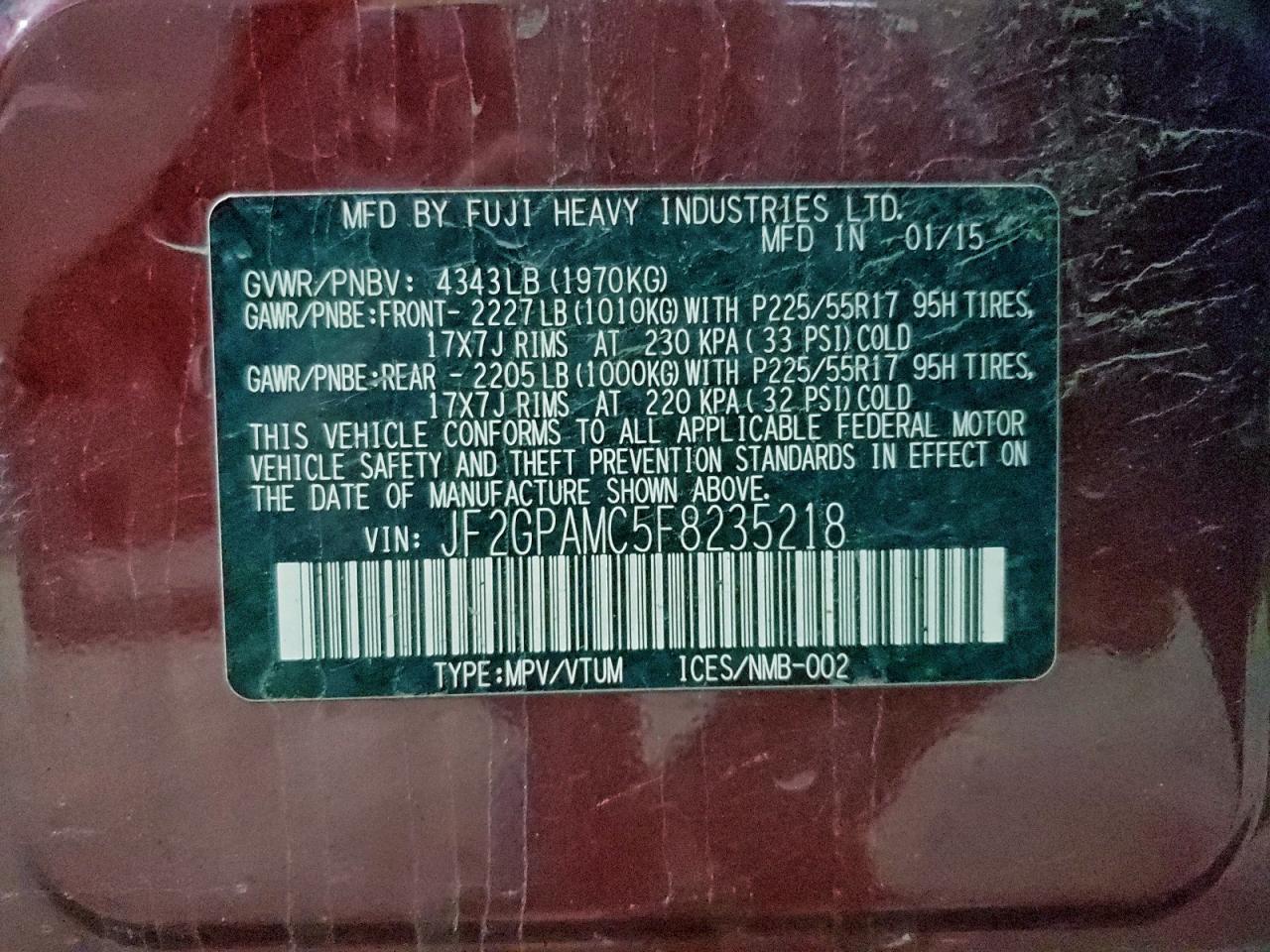 2015 Subaru Xv Crosstrek 2.0 Limited VIN: JF2GPAMC5F8235218 Lot: 94222785