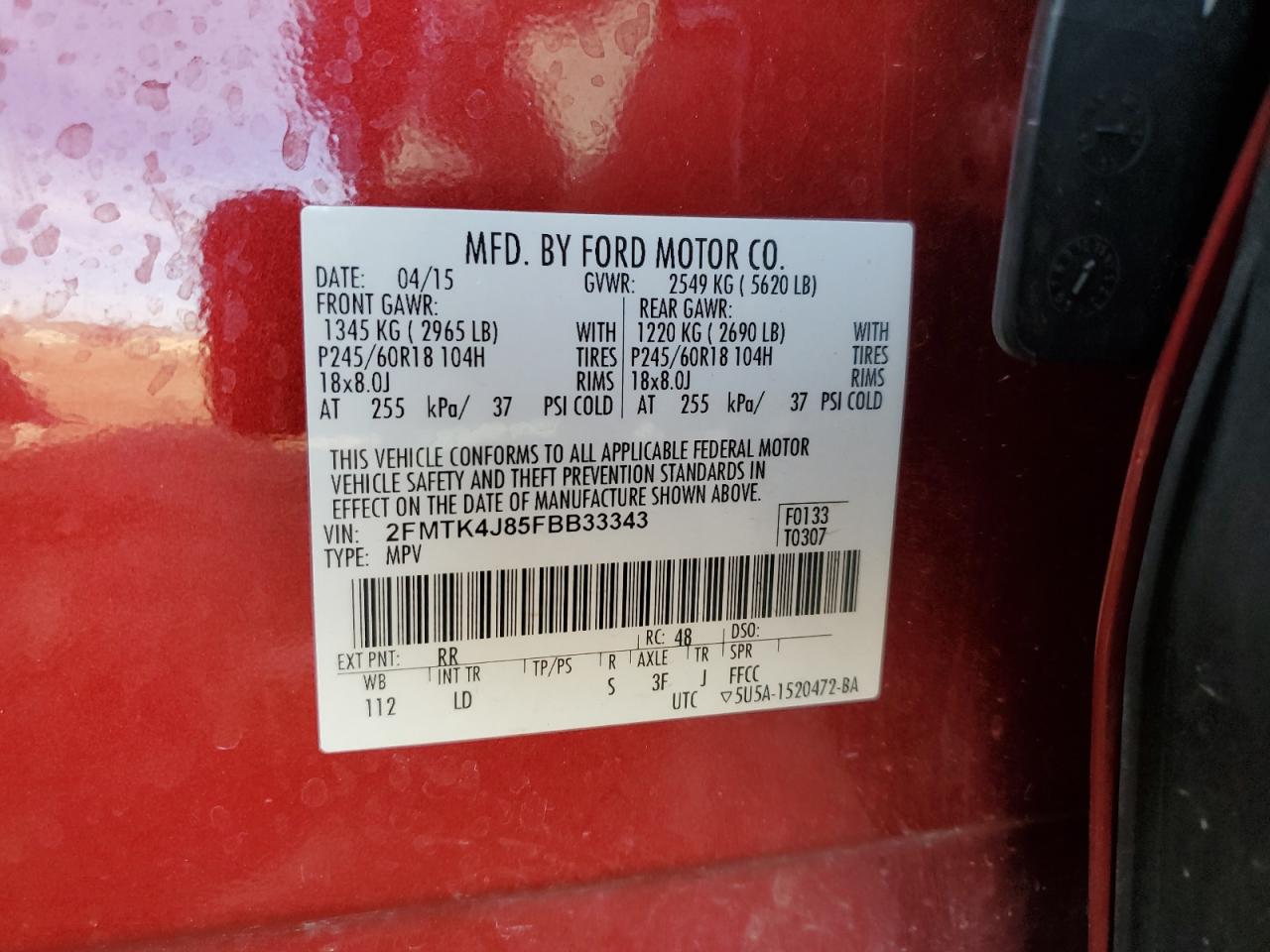 2015 Ford Edge Sel VIN: 2FMTK4J85FBB33343 Lot: 92720055