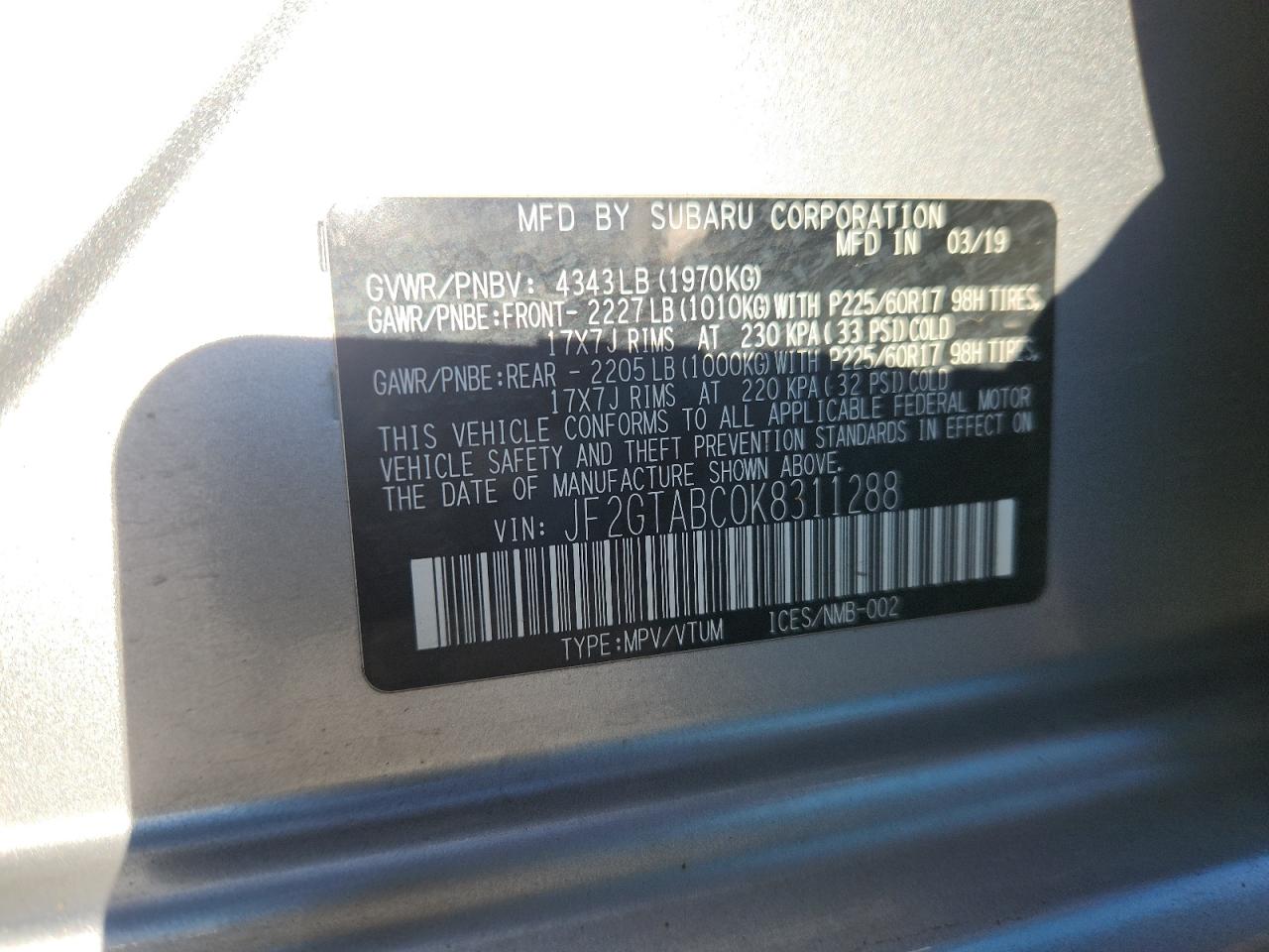 2019 Subaru Crosstrek VIN: JF2GTABC0K8311288 Lot: 93405365