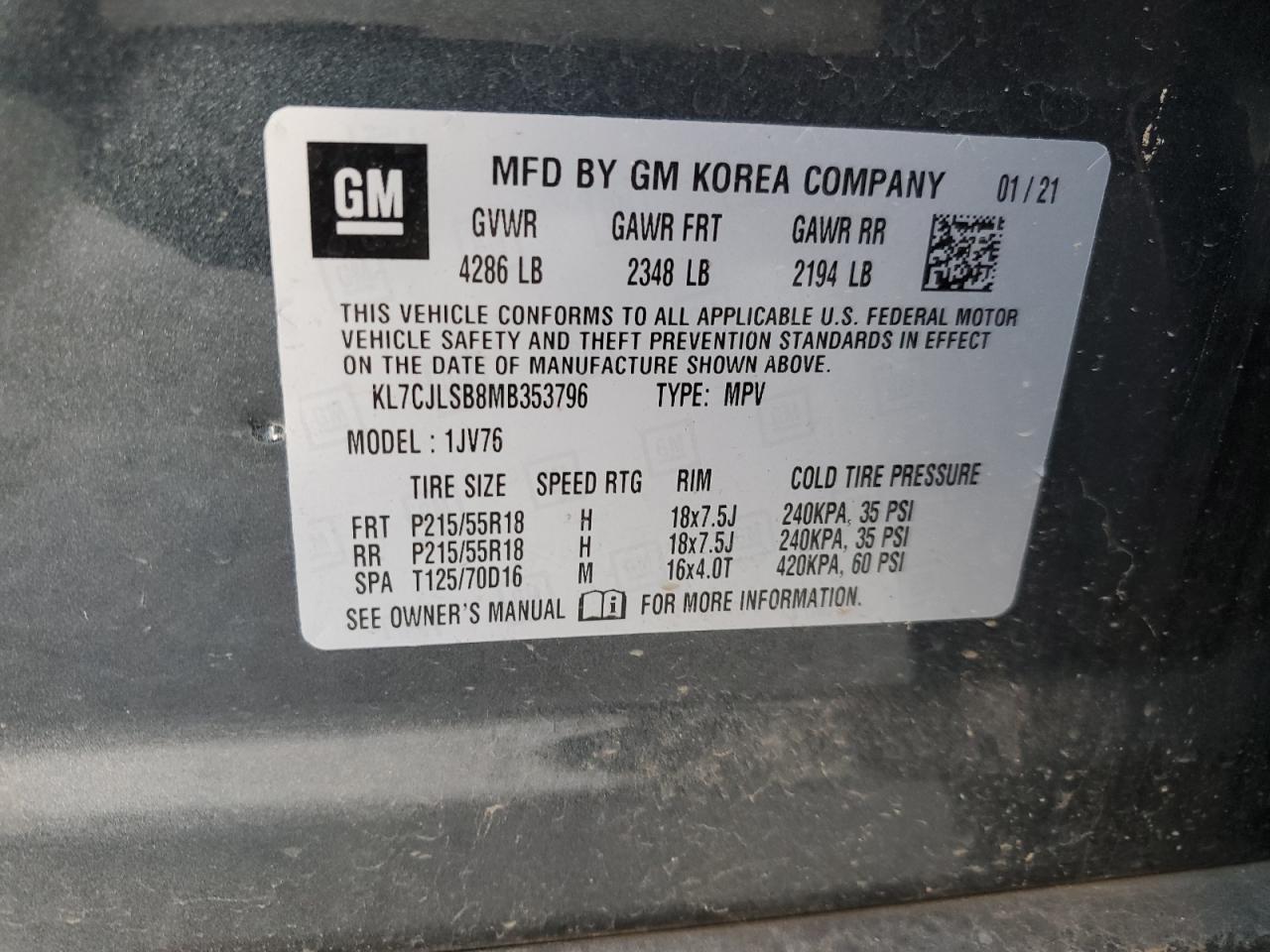 2021 Chevrolet Trax 1Lt VIN: KL7CJLSB8MB353796 Lot: 91787045