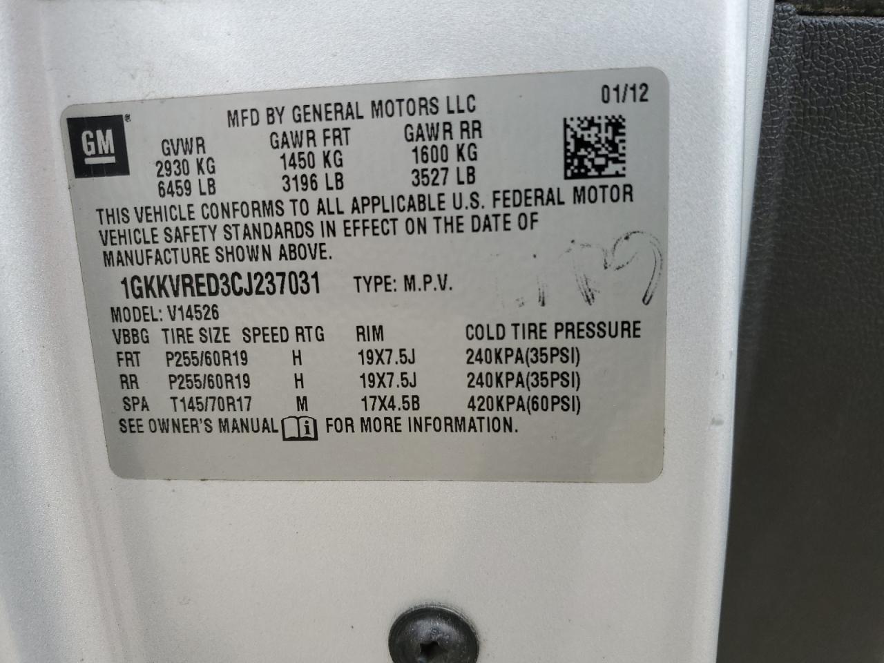 2012 GMC Acadia Slt-1 VIN: 1GKKVRED3CJ237031 Lot: 93811155