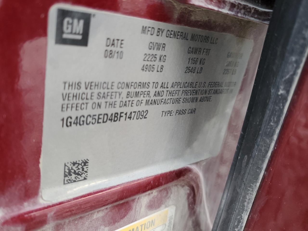 2011 Buick Lacrosse Cxl VIN: 1G4GC5ED4BF147092 Lot: 91725885