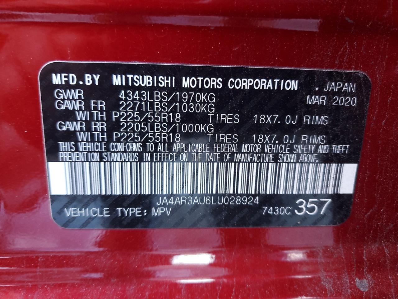 2020 Mitsubishi Outlander Sport Es VIN: JA4AR3AU6LU028924 Lot: 92934525