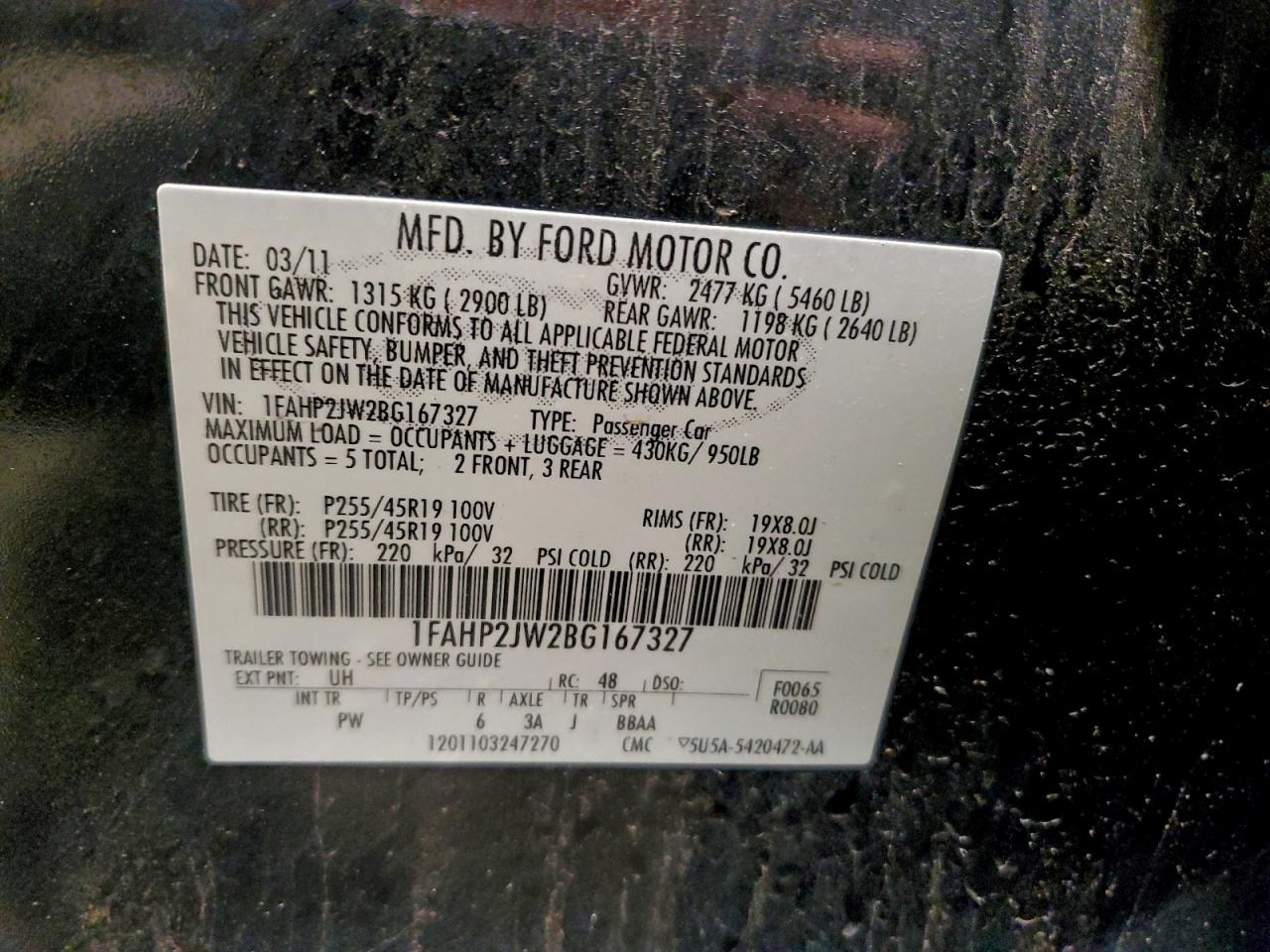 2011 Ford Taurus Limited VIN: 1FAHP2JW2BG167327 Lot: 94523735