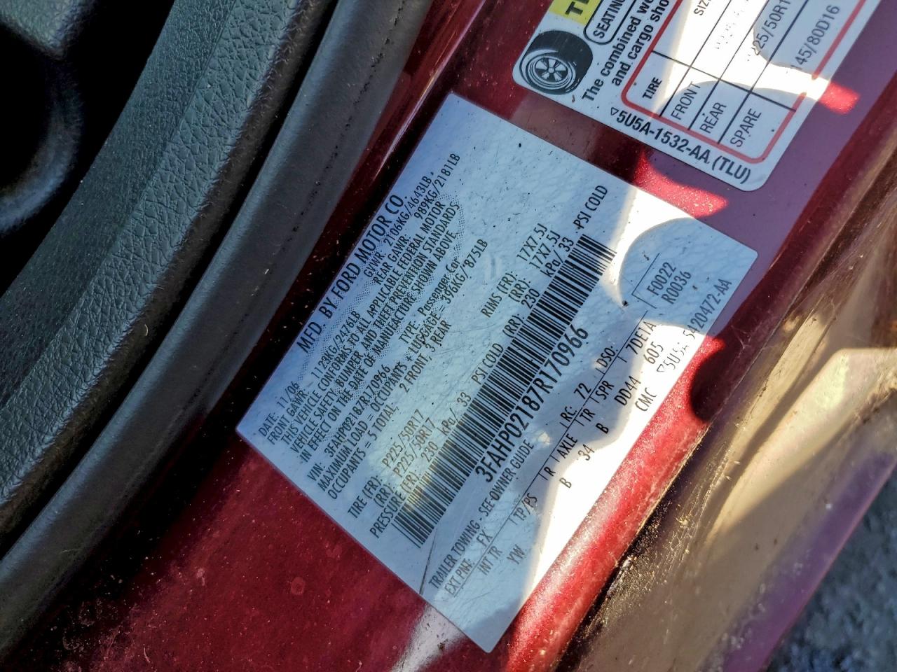 2013 Ford Fusion Sel VIN: 3FAHP02187R170966 Lot: 94036805