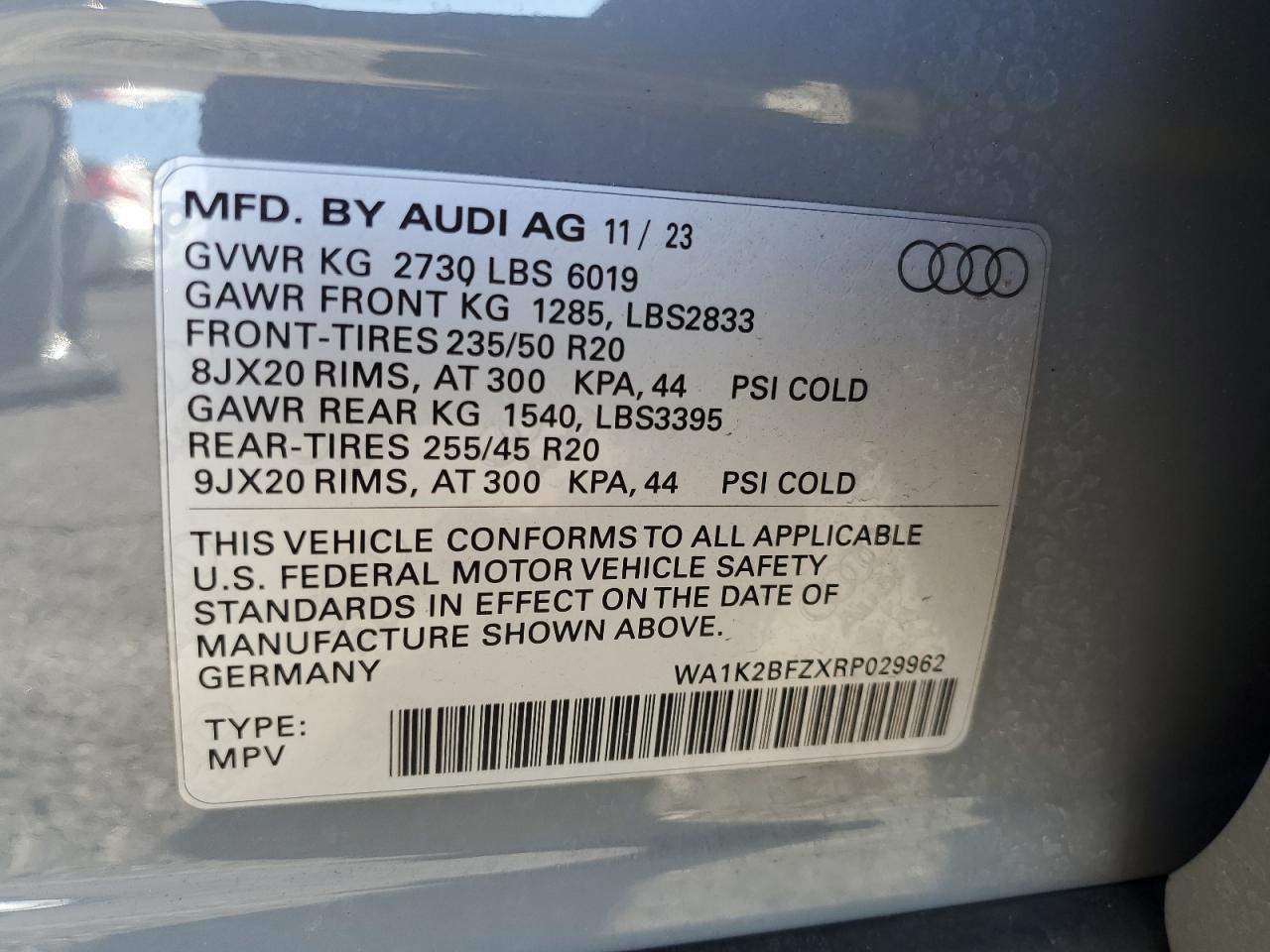 2024 Audi Q4 E-Tron Premium VIN: WA1K2BFZXRP029962 Lot: 91846325