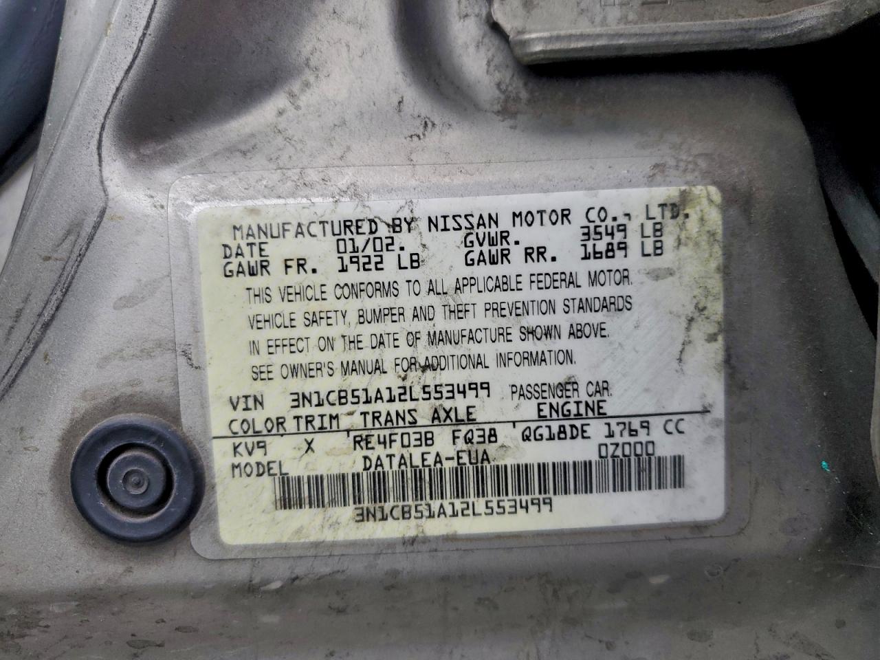 2002 Nissan Sentra Gxe VIN: 3N1CB51A12L553499 Lot: 91434045