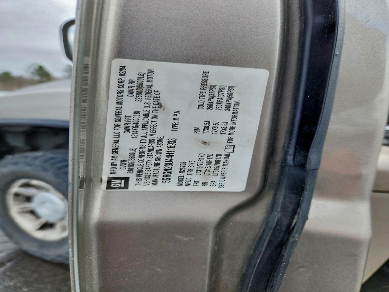 2004 Hummer H2 VIN: 5GRGN23U44H116933 Lot: 93600345