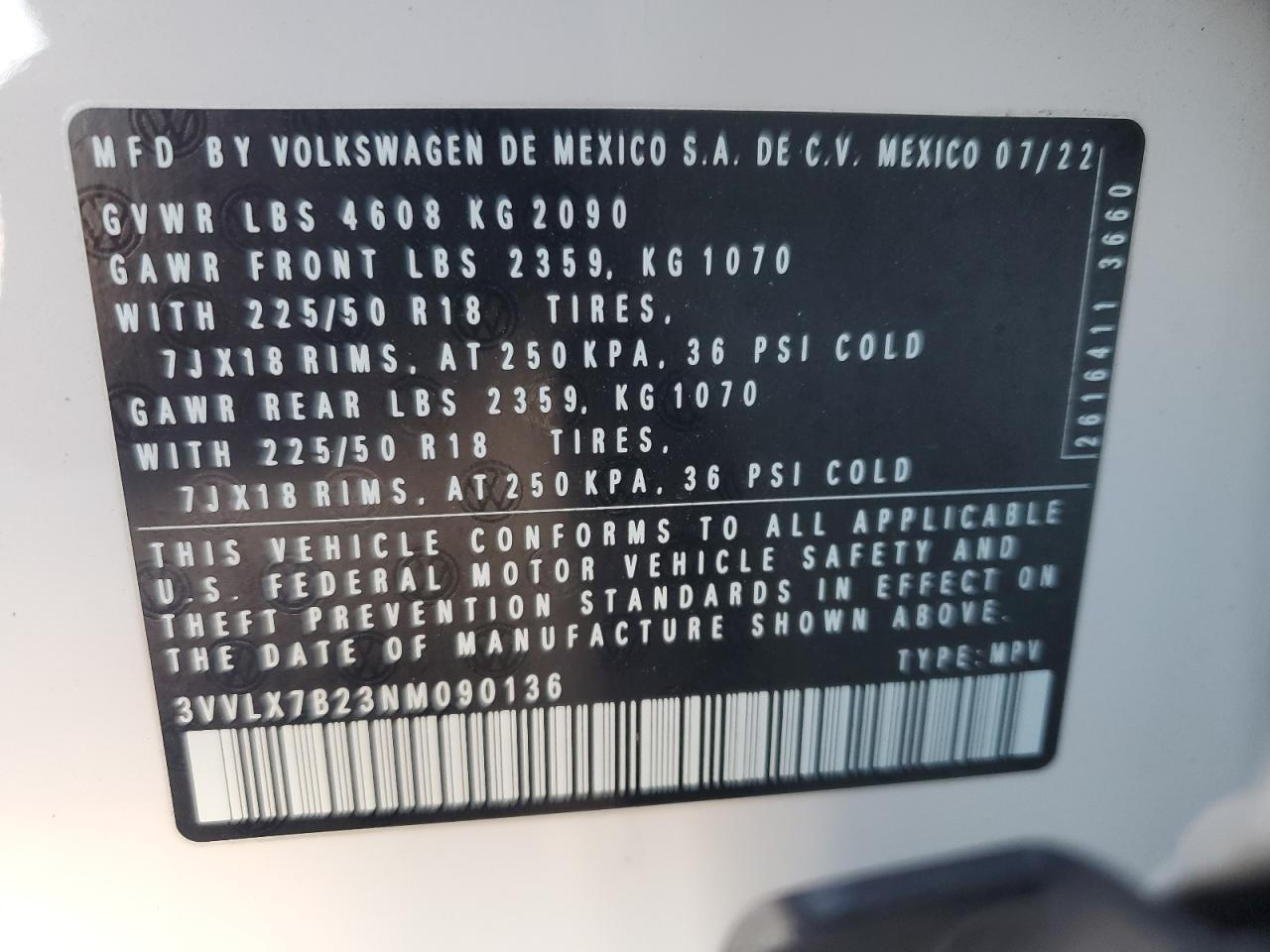 2022 Volkswagen Taos Se Iq Drive VIN: 3VVLX7B23NM090136 Lot: 92889285