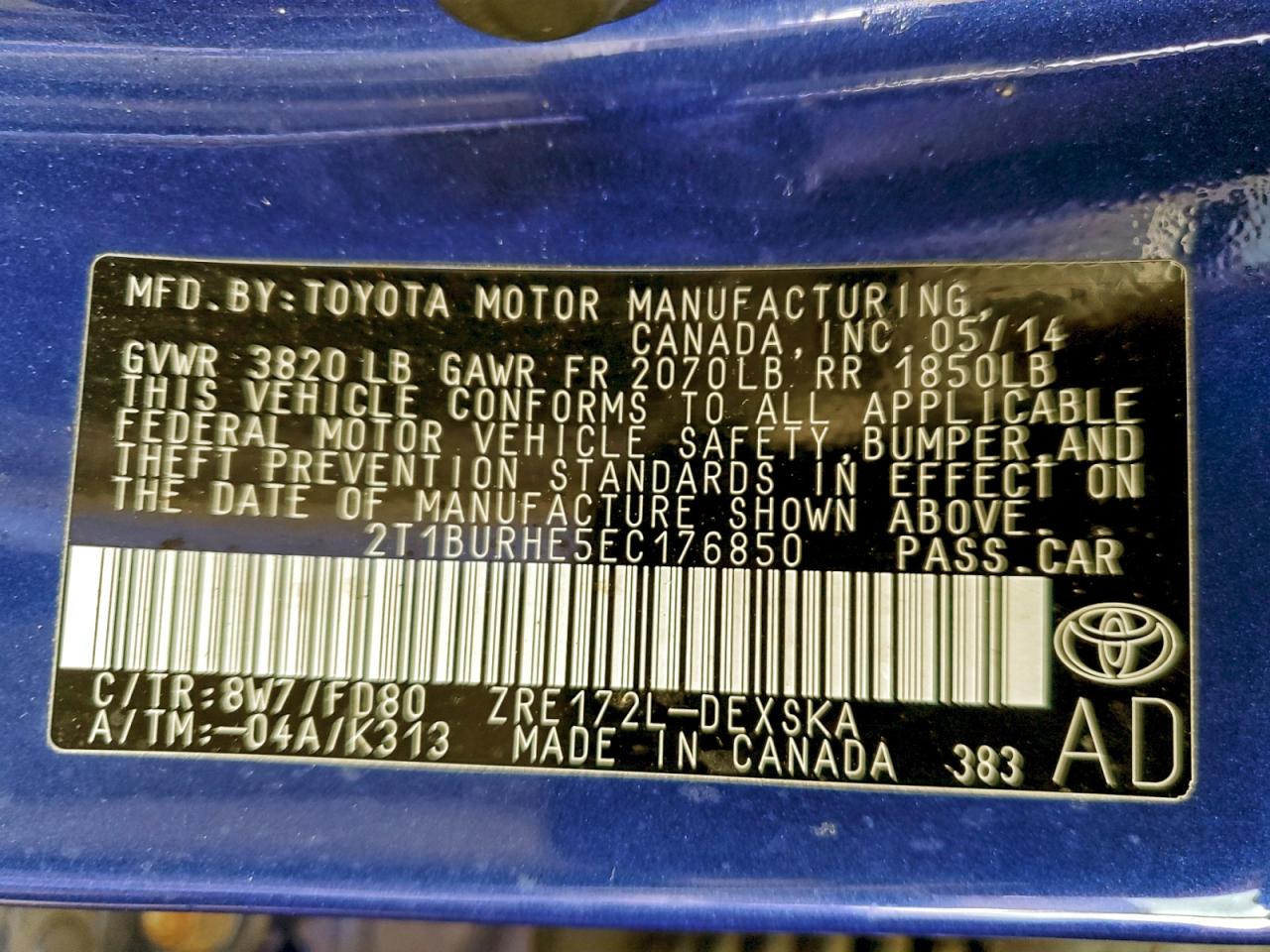 2014 Toyota Corolla L VIN: 2T1BURHE5EC176850 Lot: 94086305