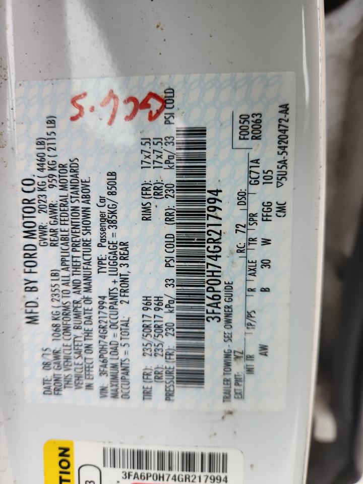 2016 Ford Fusion Se VIN: 3FA6P0H74GR217994 Lot: 92430205