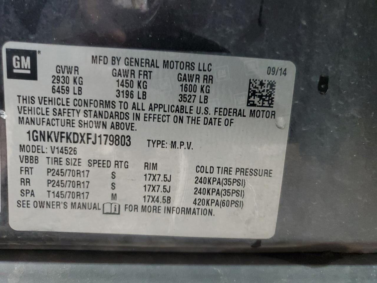 2015 Chevrolet Traverse Ls VIN: 1GNKVFKDXFJ179803 Lot: 90125695