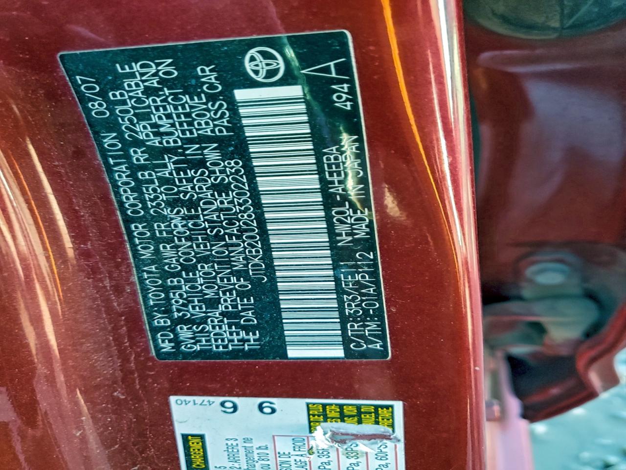 2008 Toyota Prius VIN: JTDKB20U283302238 Lot: 94235915