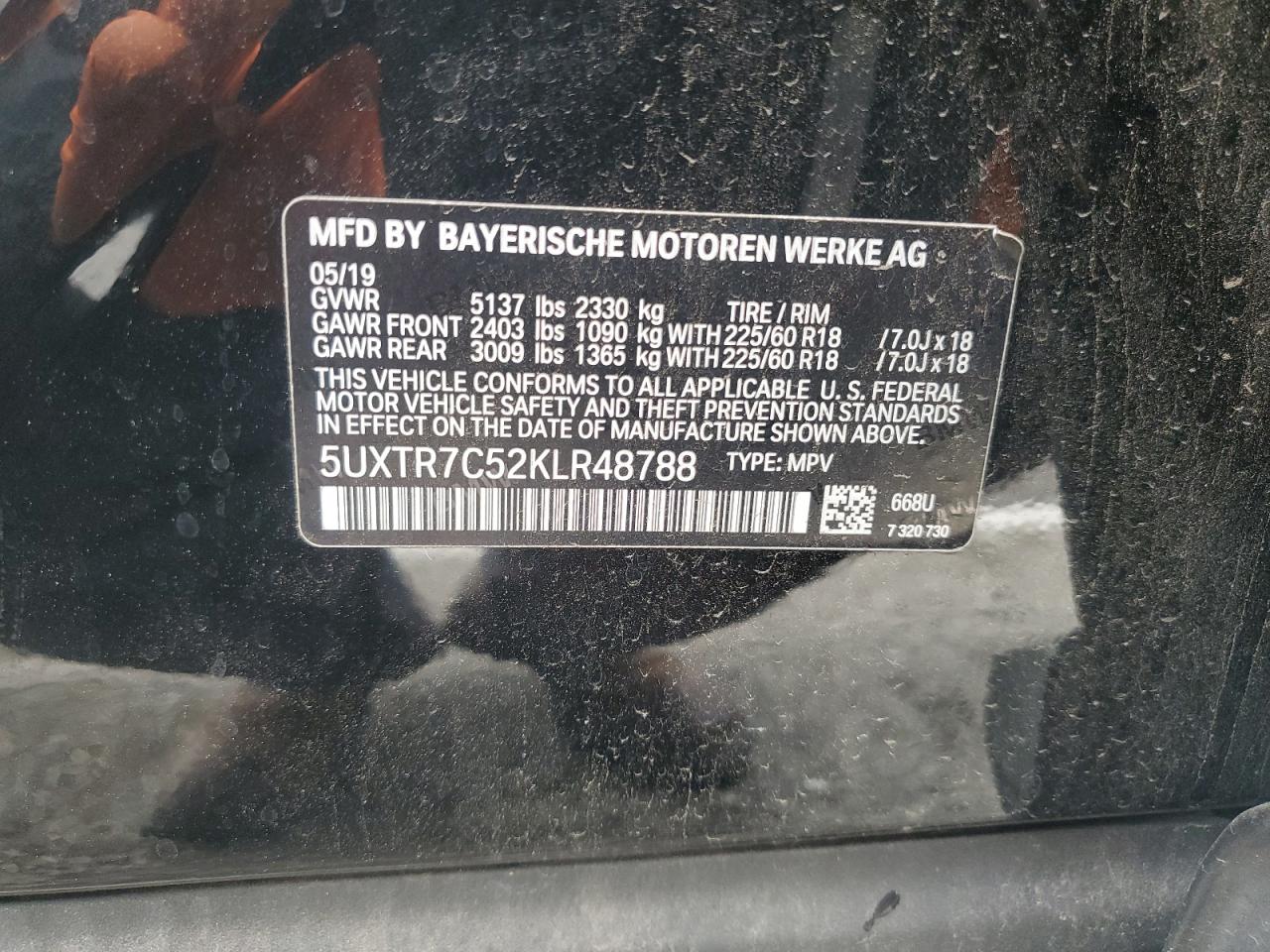 2019 BMW X3 Sdrive30I VIN: 5UXTR7C52KLR48788 Lot: 93143735