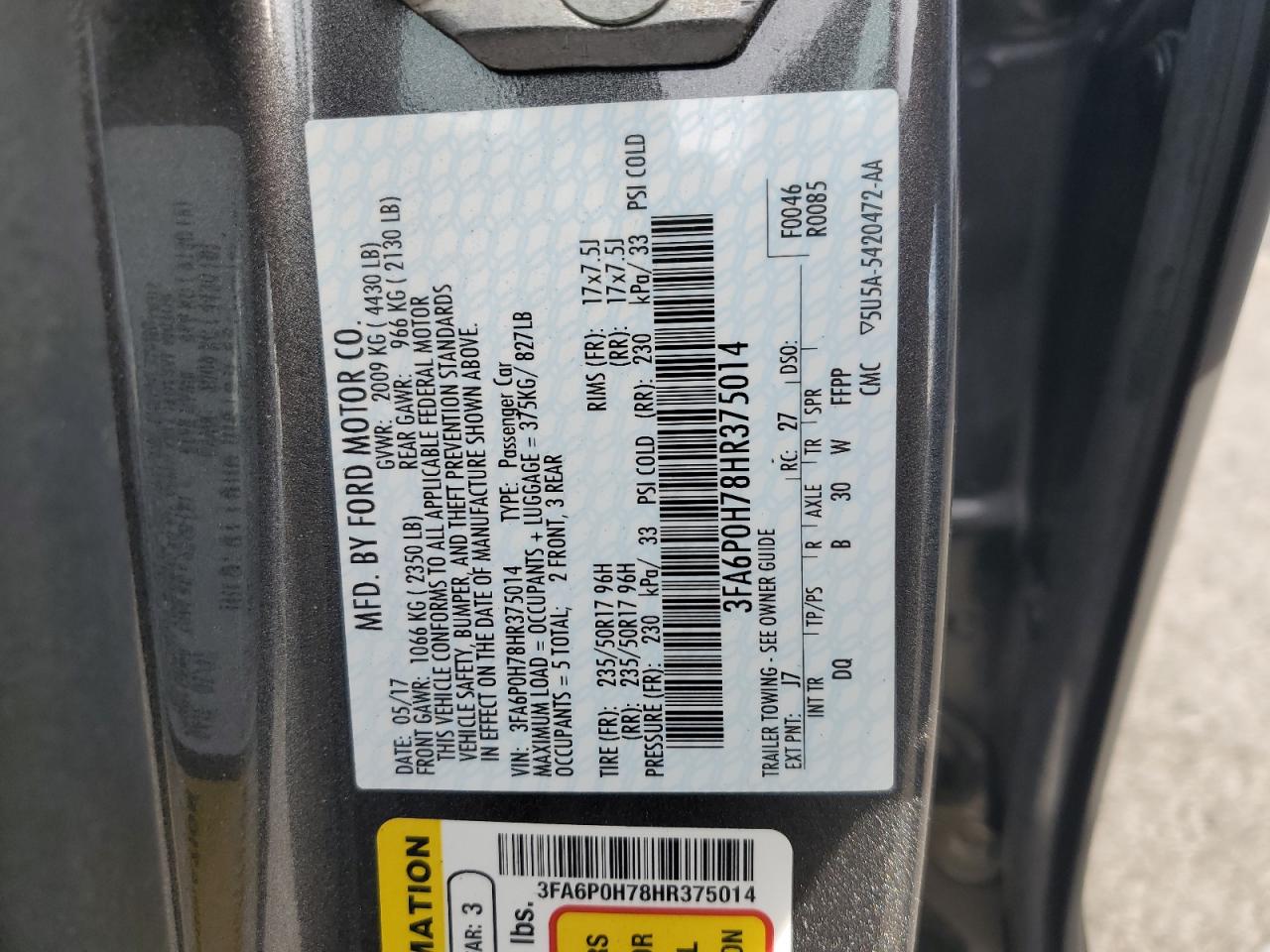 2017 Ford Fusion Se VIN: 3FA6P0H78HR375014 Lot: 92483325