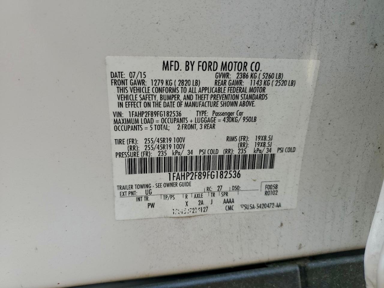 2015 Ford Taurus Limited VIN: 1FAHP2F89FG182536 Lot: 94524505