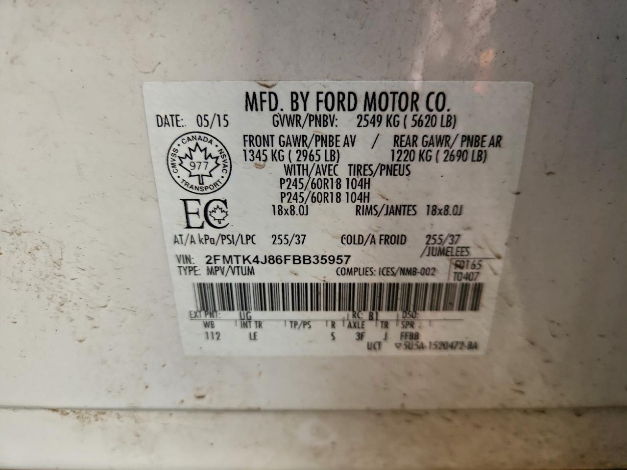 2015 Ford Edge Sel VIN: 2FMTK4J86FBB35957 Lot: 94161225