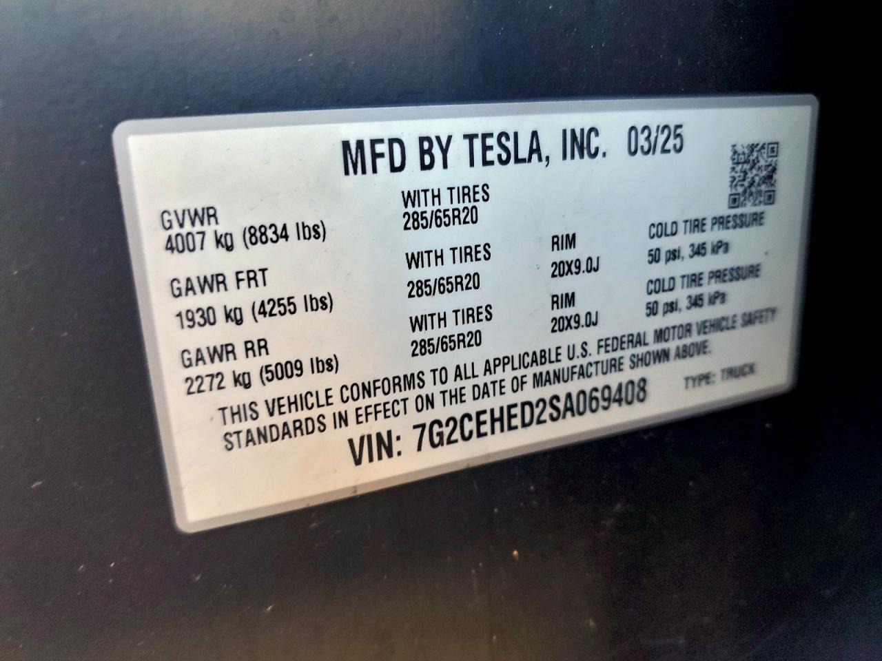 2025 Tesla Cybertruck VIN: 7G2CEHED2SA069408 Lot: 94164925