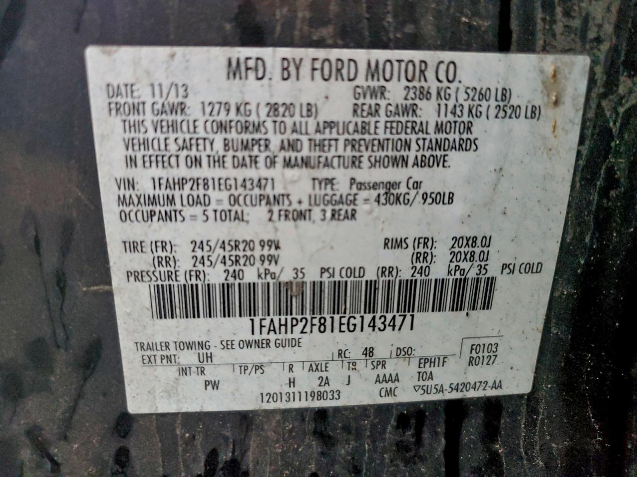 2014 Ford Taurus Limited VIN: 1FAHP2F81EG143471 Lot: 94045255