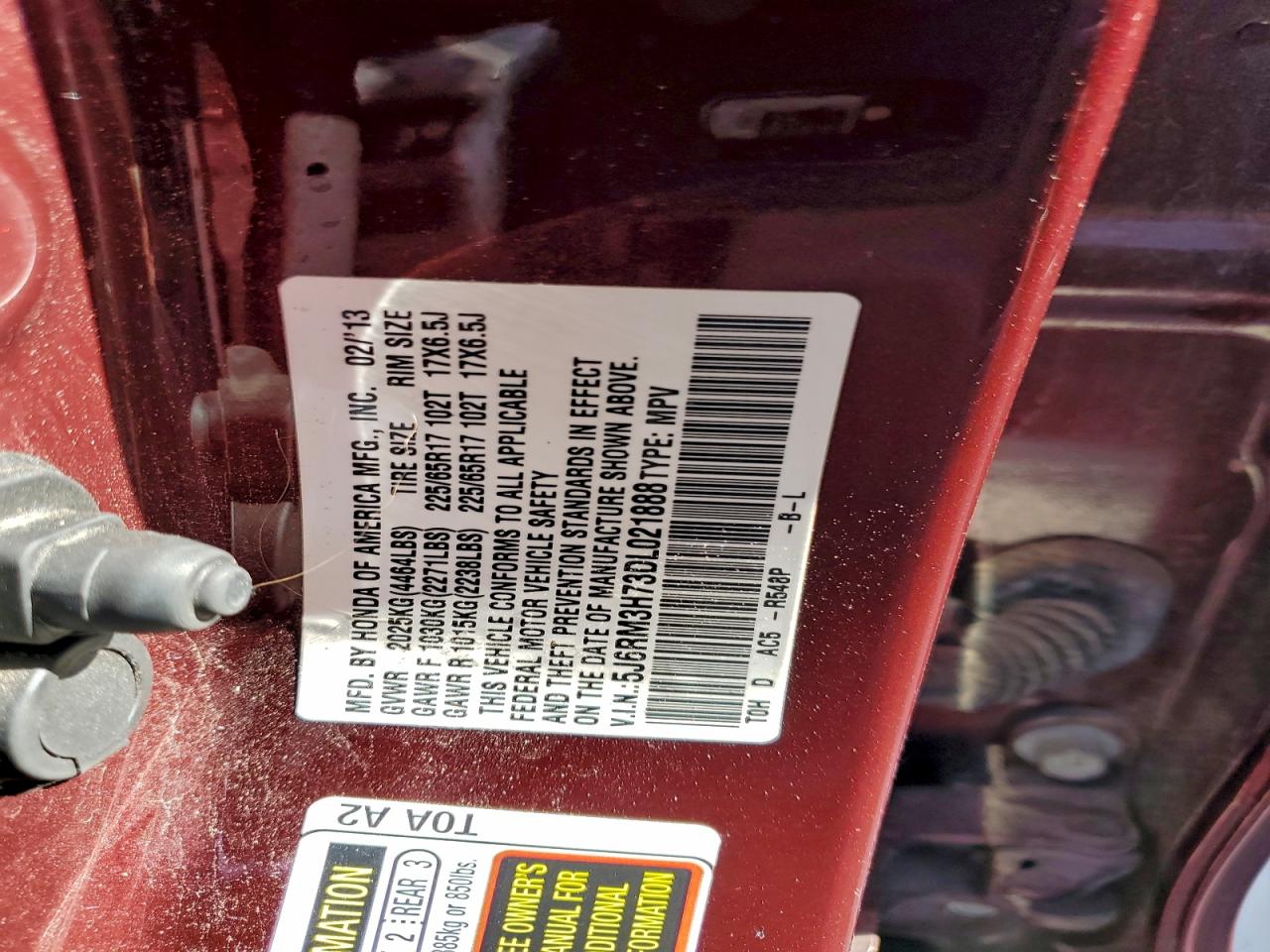 2013 Honda Cr-V Exl VIN: 5J6RM3H73DL021888 Lot: 93910425