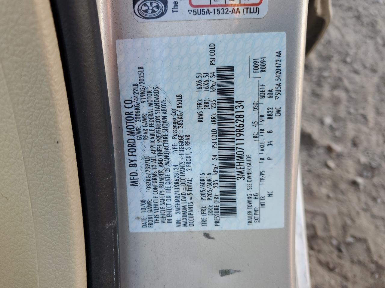 2009 Mercury Milan VIN: 3MEHM07119R628134 Lot: 93195475