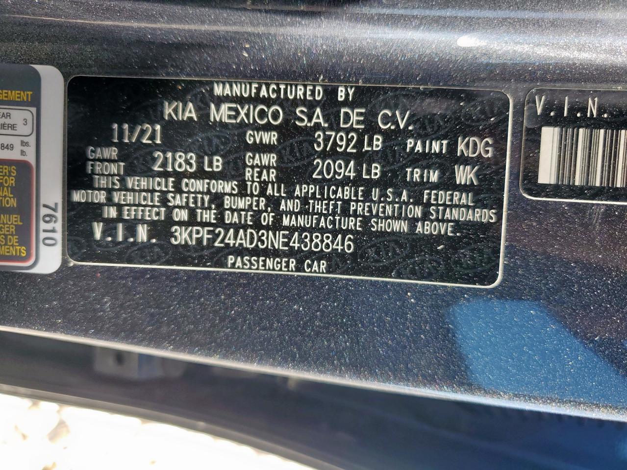 2022 Kia Forte Fe VIN: 3KPF24AD3NE438846 Lot: 91789755