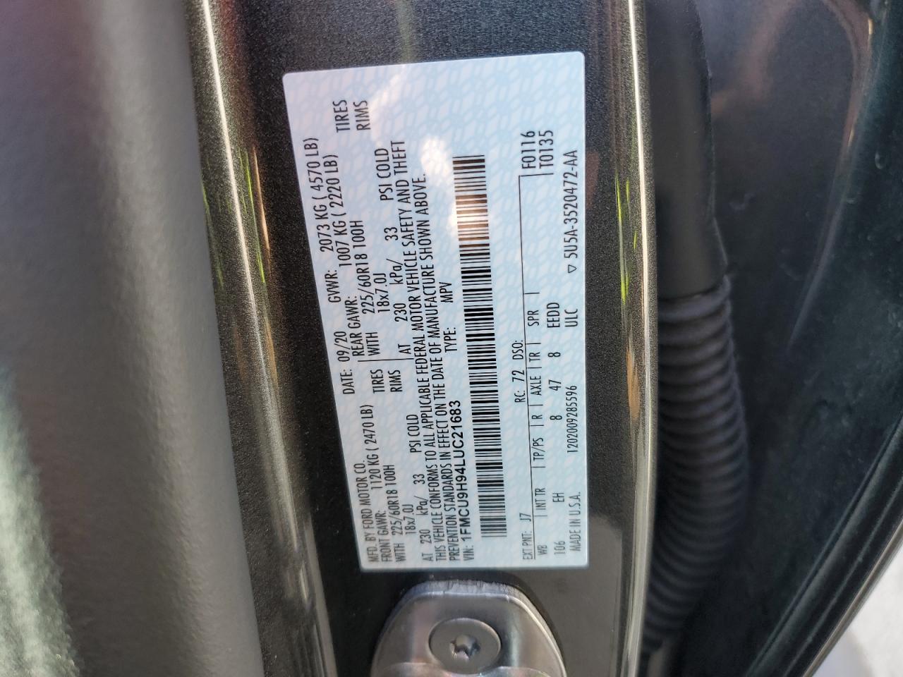 2020 Ford Escape Sel VIN: 1FMCU9H94LUC21683 Lot: 93280165