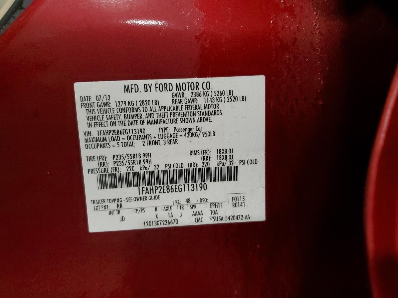 2014 Ford Taurus Sel VIN: 1FAHP2E86EG113190 Lot: 92997415