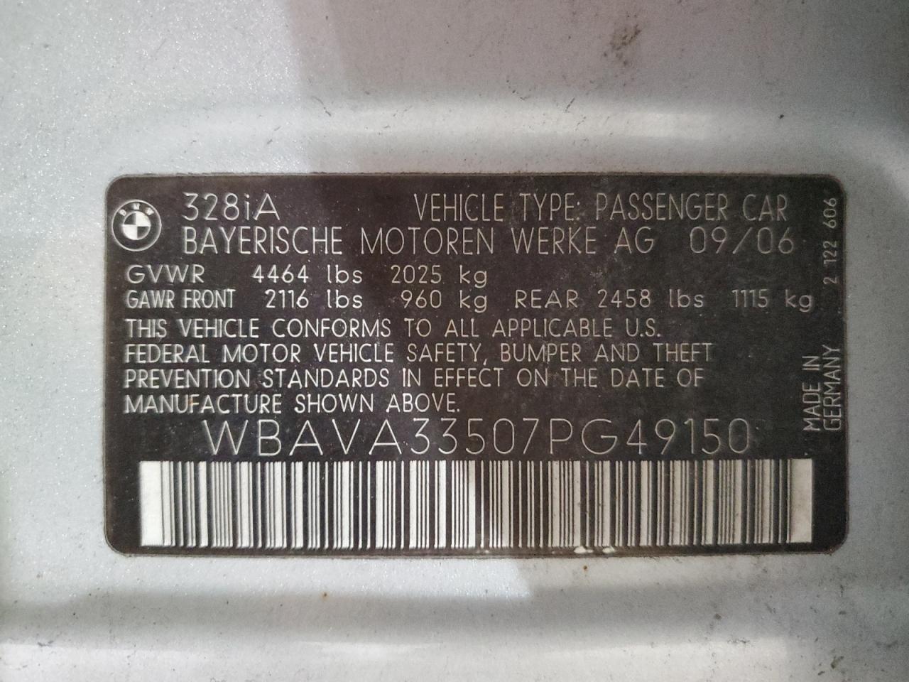 2007 BMW 328 I VIN: WBAVA33507PG49150 Lot: 93277125