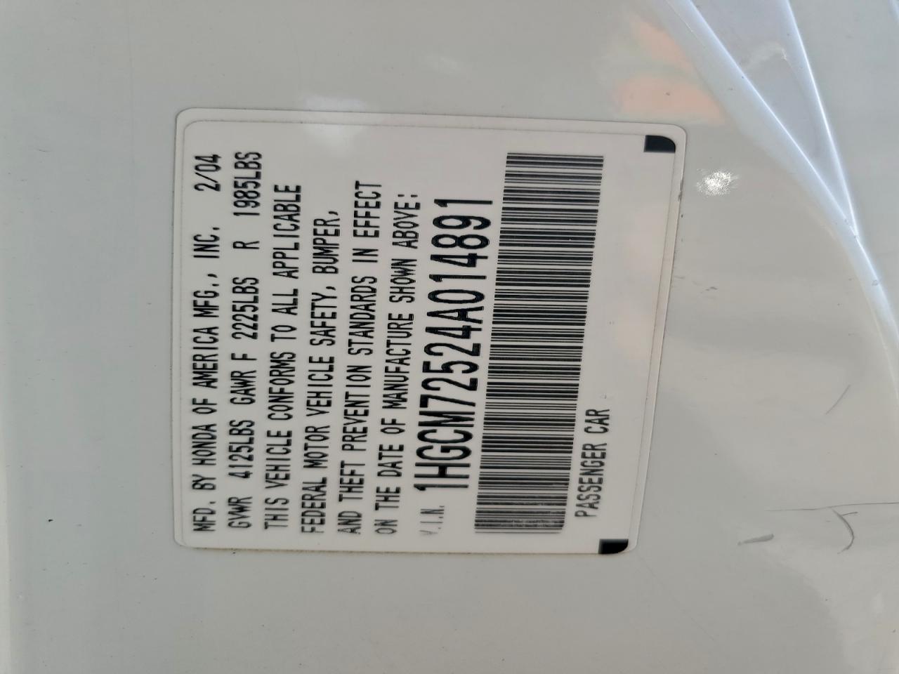 2004 Honda Accord Ex VIN: 1HGCM72524A014891 Lot: 93965745