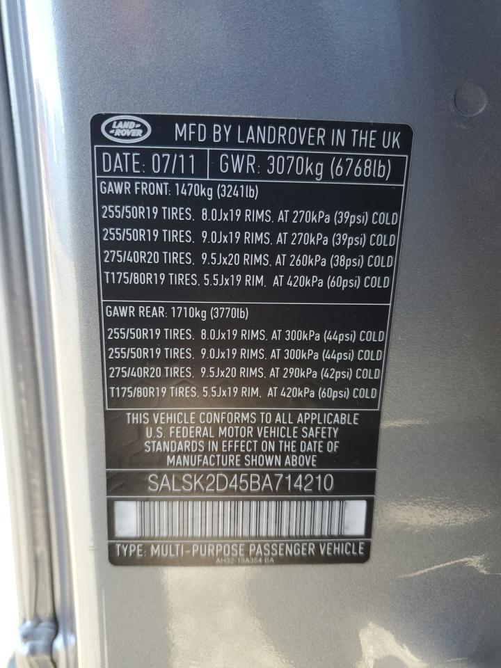 2011 Land Rover Range Rover Sport Lux VIN: SALSK2D45BA714210 Lot: 90873075