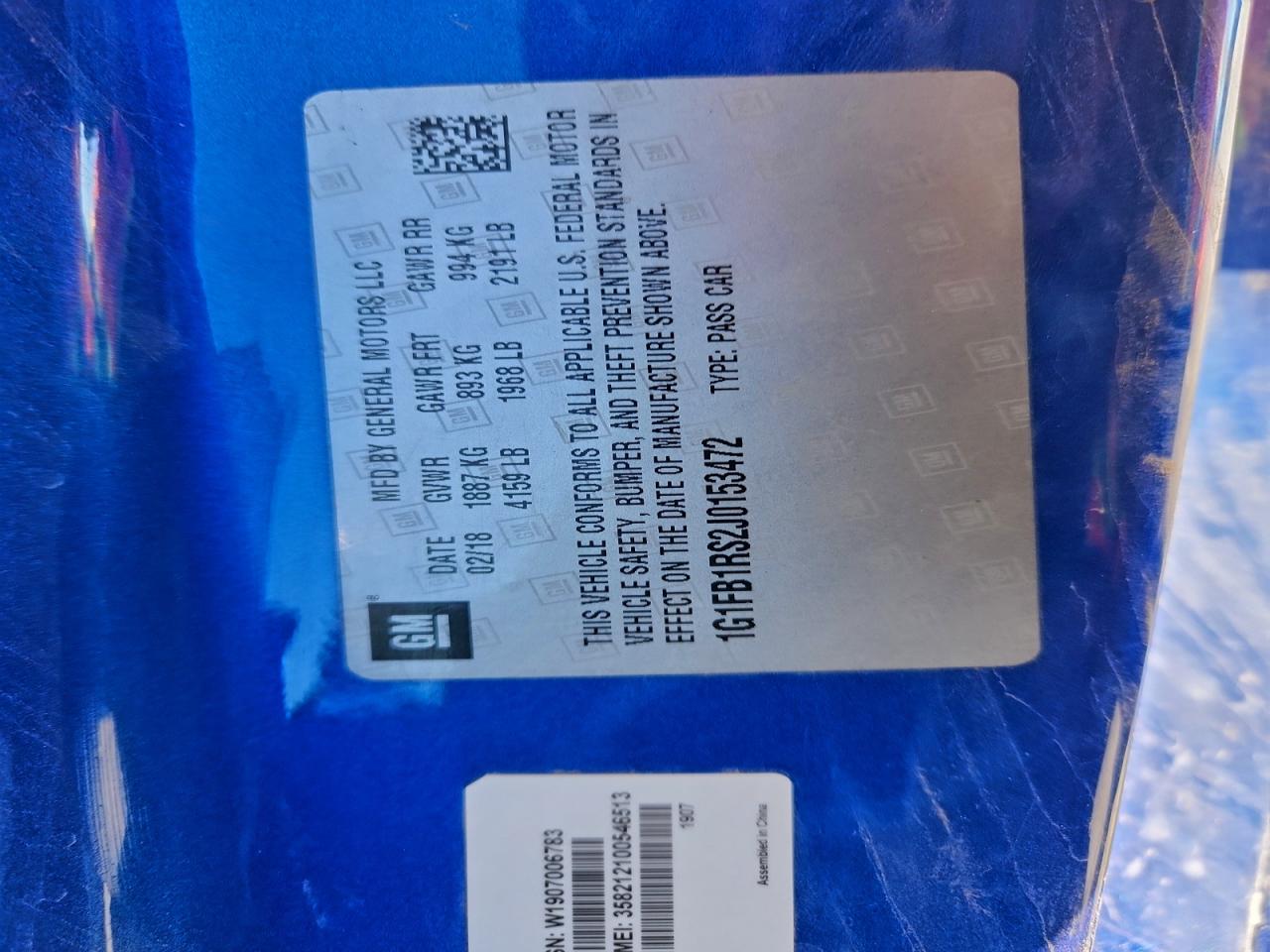 2018 Chevrolet Camaro Lt VIN: 1G1FB1RS2J0153472 Lot: 93877845