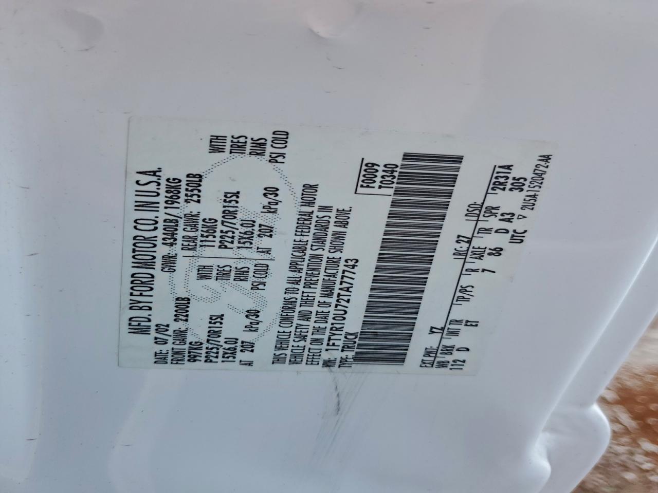 2002 Ford Ranger VIN: 1FTYR10U72TA77743 Lot: 94593535