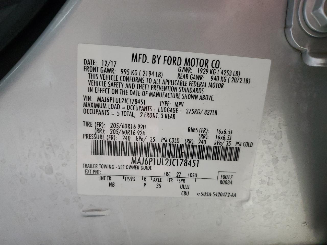 2018 Ford Ecosport Se VIN: MAJ6P1UL2JC178451 Lot: 92152065