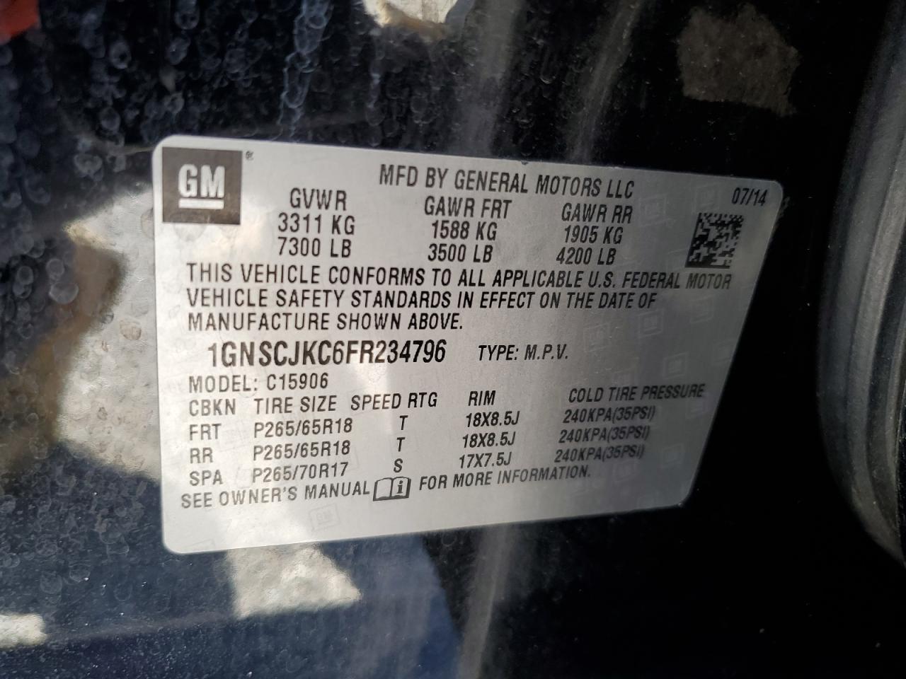 2015 Chevrolet Suburban C1500 Lt VIN: 1GNSCJKC6FR234796 Lot: 92223185